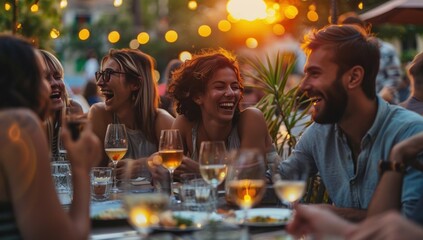 Happy diverse friends laughing, enjoying an outdoor evening dinner party with string lights