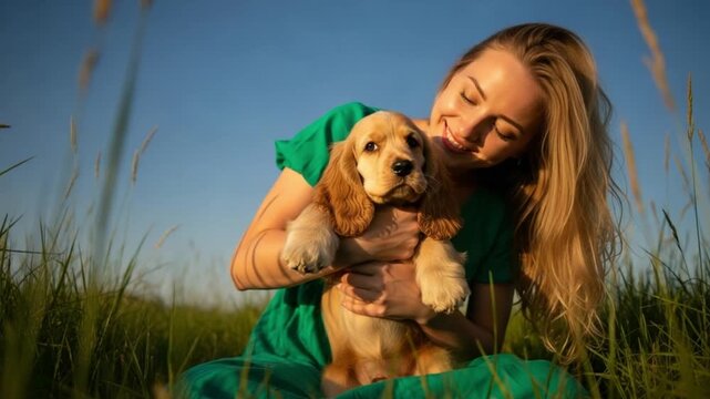 Woman in green dress holding and hugging a cute cocker spaniel puppy in a field of tall grass
