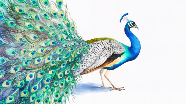 Sophisticated hand-painted watercolor peacock featuring a vibrant blue neck and a magnificent fan of teal and green ocellated feathers, perfect for luxury wedding stationery and branding.