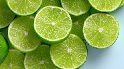 Fresh green lime slices arranged on a light blue background, showcasing vibrant color and texture, with whole limes partially visible among the cut pieces