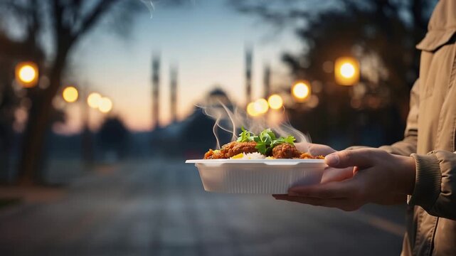 Woman giving hot food to person in street, a charitable act during Ramadan for community support and kindness meal.