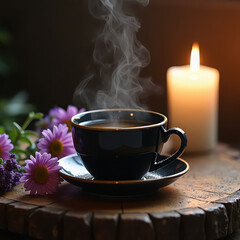 Fototapeta premium Warm cup of coffee sits on a wooden table beside a lit candle and fresh flowers in a cozy setting during evening hours