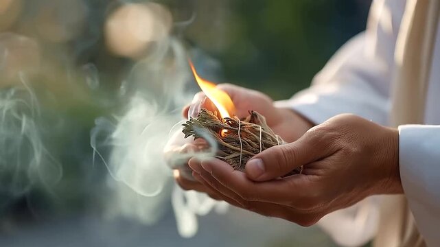 Faceless hands in meditation holding burning sage cleansing ceremony spiritual healing practice balance ritual positive energy work outdoor wellness mindfulness aromatherapy