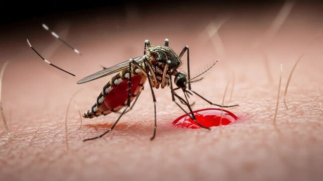 A closeup of a mosquito on human skin with a red blood droplet and a black and white body with long thin legs and wings