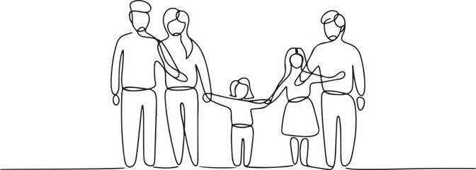 Obraz premium Group of people continuous one line vector drawing. Family, friends hand drawn characters. Continuous line art drawing style. one line Icon drawing