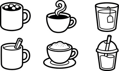 Minimalist line art set of six beverage icons showing hot chocolate, steaming coffee, tea, cinnamon mug, cappuccino, iced drink illustration