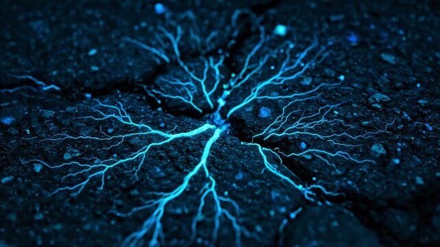 Microscopic view of glowing blue organic structures resembling root systems or neural networks