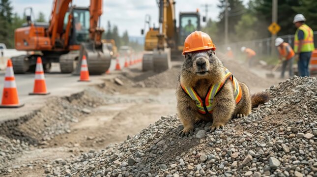 funny groundhog engineer sitting on gravel pile in orange hard hat and safety vest at road construction site gazing at camera concept of roadworks building civil engineering