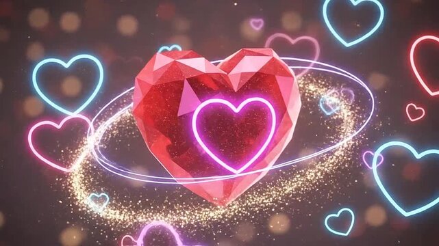 A glowing gemstone heart surrounded by colorful neon hearts and bokeh lights