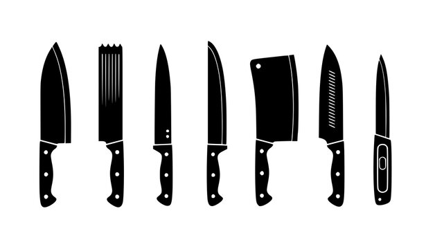 Black kitchen knife silhouettes collection chef cleaver and slicing knife