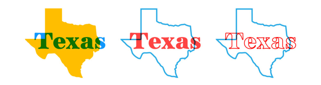 Texas state map silhouette with the state name in retro typography above. Vintage design with overprint colors and bold shapes, perfect for posters, apparel, travel graphics, and Americana designs.