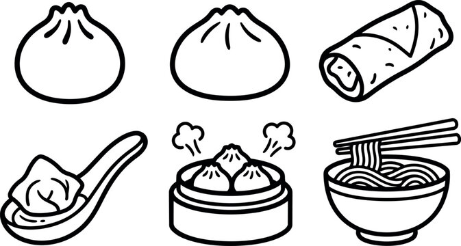 Line art vector icon set of steamed buns, xiao long bao, dumpling on spoon, noodle bowl and spring roll close up
