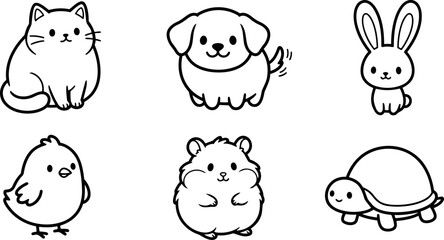 Line art kawaii animal icon set six cute pet characters cat dog rabbit chick hamster turtle arranged in grid minimal