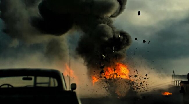 Powerful explosion with a large orange fireball and thick black smoke clouds under an overcast sky
