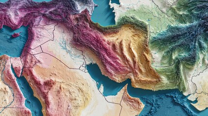Fototapeta premium Satellite View of Middle East Region Showing Political Color Overlays Across Land and Water Areas in Detailed Representation
