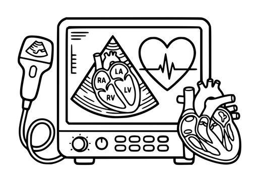 Echocardiogram Machine Icon for Heart Ultrasound Diagnosis, Cardiology Diagnostic Equipment with Cardiac Chambers Display, Medical Imaging Line Art Illustration