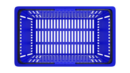 Fototapeta premium Plastic shopping basket, blue empty store basket, supermarket shopping cart, top view, 3D rendering, isolated on white background, retail, grocery, consumer shopping, market container, minimal design.