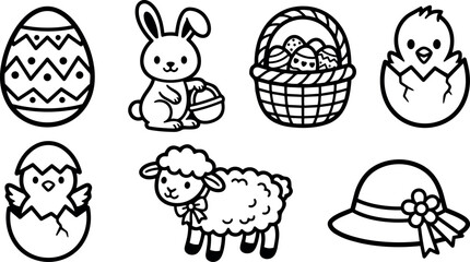 Fototapeta na wymiar Line art easter icon set flat vector composition showing bunny holding basket decorated eggs chicks lamb and sun hat simple outline