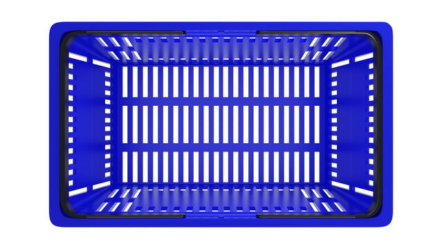 Plastic shopping basket, blue empty store basket, supermarket shopping cart, top view, 3D rendering, isolated on white background, retail, grocery, consumer shopping, market container, minimal design.
