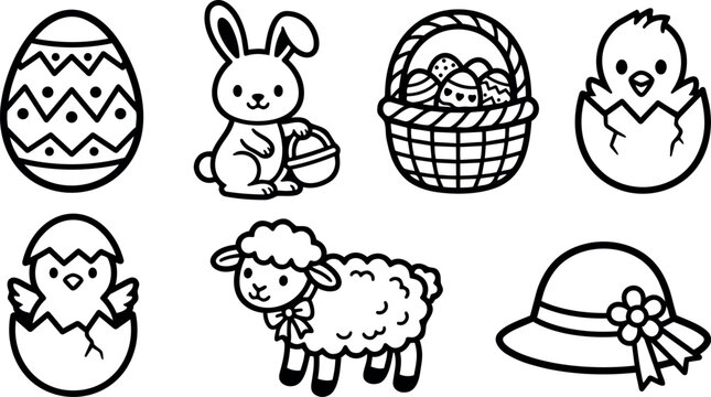 Line art easter icon set flat vector composition showing bunny holding basket decorated eggs chicks lamb and sun hat simple outline