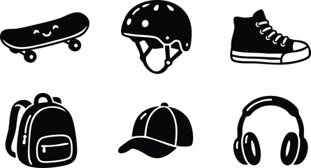 Simple black vector icons set of smiling skateboard helmet high top sneaker backpack baseball cap and headphones in flat design style isolated on white background