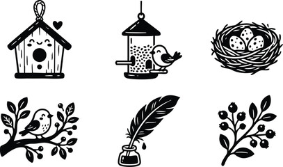 Black and white vector illustrations of birdhouse with heart smiling bird feeder with bird nest with eggs bird on branch quill pen with ink and berry branch simple nature decorative design elements