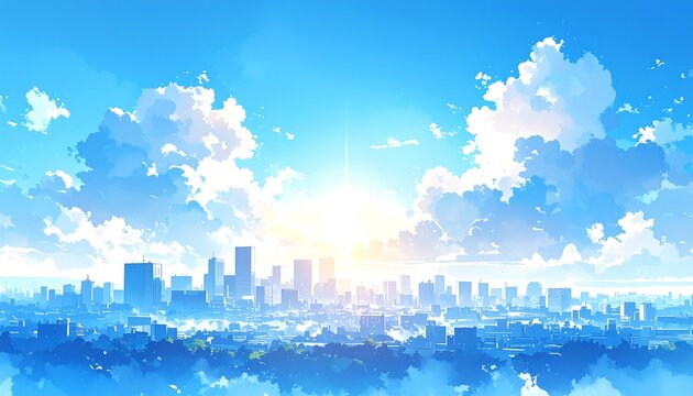 青空と大きな雲の下に広がる近代都市の高層ビル群を明るい色彩で描いた爽やかな都市風景の水彩画イラスト