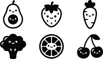 Cute smiling fruit and vegetable icons set featuring avocado with seed strawberry carrot broccoli orange slice and cherry vector art simple playful flat design illustration