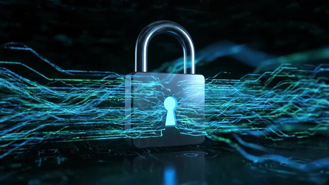 Cybersecurity lock on a technological dark background texture