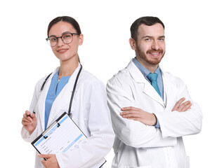 Man and woman working as doctors on white background. Professional equality