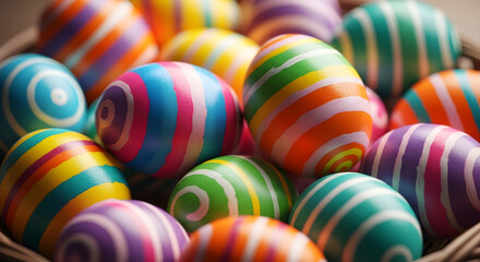 Vibrant easter eggs in a woven basket