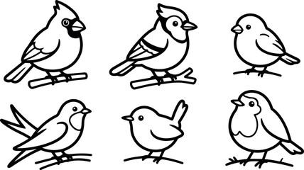Fototapeta premium Line art bird icon set showing six distinct perching songbirds in black outline side view simple vector illustrations minimalist collection