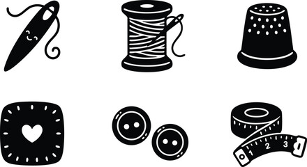 Black and white hand drawn sewing needle with thread spool thimble pin cushion heart shaped buttons and measuring tape vector icons set