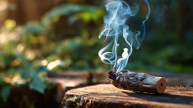 Traditional smudging stick burning outdoors smoke rising in cleansing ritual spiritual purification ceremony nature practice cultural tradition healing aromatherapy natural