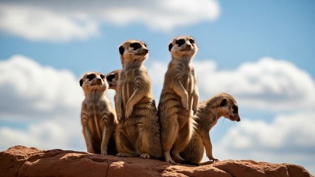 Group of meerkats standing on rock looking around in daytime with blue sky