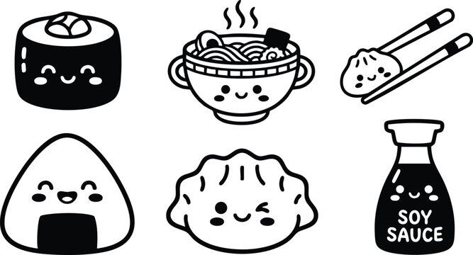 Cute black and white kawaii sushi bowl noodles dumpling soy sauce icons smiling faces vector art set with chopsticks and happy food characters in minimalist design