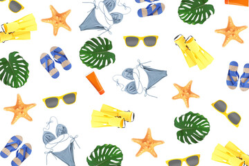 Summer seamless pattern of different seasonal objects on white background © New Africa