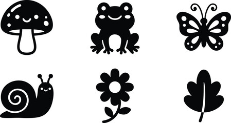 Fototapeta premium Simple black and white vector icons set featuring smiling mushroom frog butterfly snail flower and leaf illustrations in minimalist cartoon style