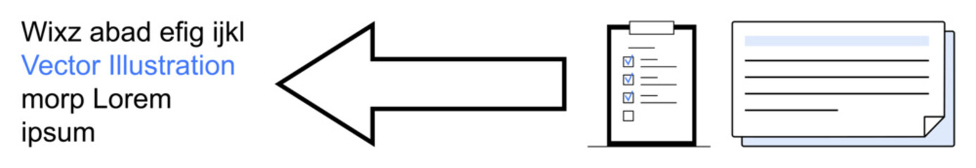 Digital workflow, data transfer, task management, information organization, process efficiency, business planning. Arrow pointing to clipboard and document elements. Data transfer and task management © robu_s