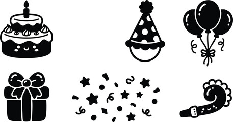 Fototapeta premium Cute black and white vector birthday party icons including smiling cake with candle party hat gift box balloons confetti and noise maker celebration elements