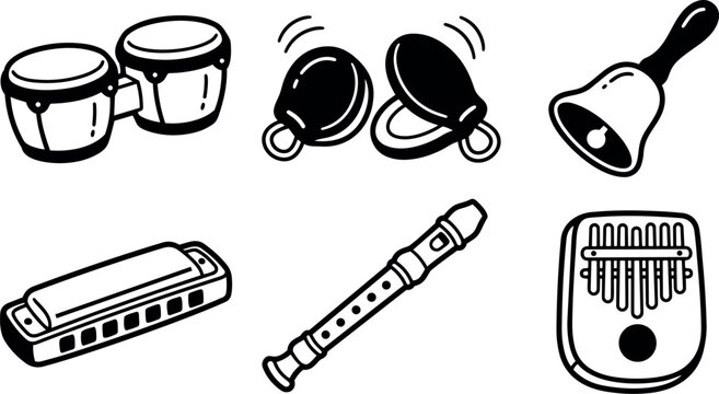 Line art vector icon set showing bongos castanets bell harmonica recorder and kalimba close up top view simple monochrome flat outline