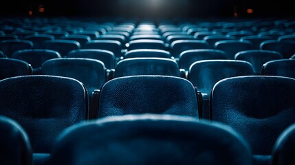 Naklejka premium Empty Blue Cinema Seats in a Dark Auditorium Ready for a Movie.