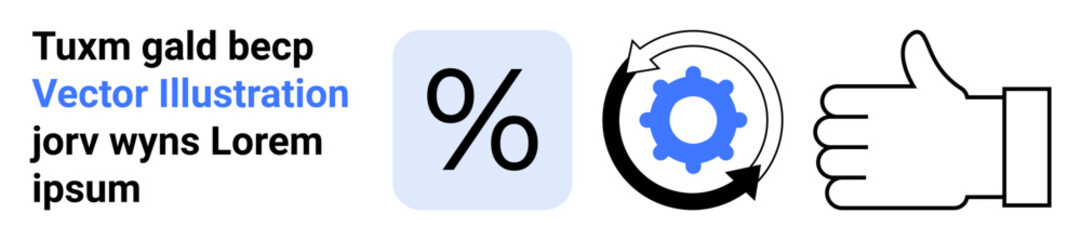 Fototapeta premium Workflow optimization, process improvement, success, productivity, efficiency, task management. Icon set percentage symbol, gear with arrows and thumbs up. Workflow and process improvement concept