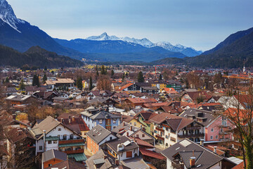 Cityscape - view of the alpine ski town of Garmisch-Partenkirchen, in Upper Bavaria, Germany