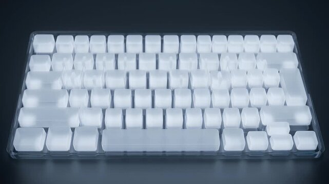 Frosted, transparent keyboard with illuminated keys on a dark, reflective surface