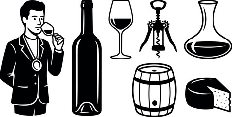 Plakat Vintage line art sommelier tasting red wine close up holding glass with medal beside bottle decanter barrel corkscrew and cheese