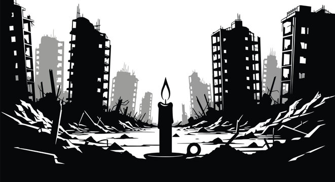 Black and white vector illustration of a burning candle amidst destroyed city ruins