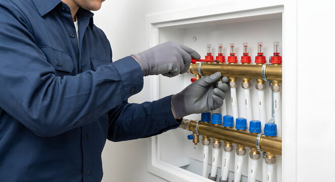 professional plumber in workwear installing and adjusting water manifold valves for radiant underfloor heating system in a modern residential building utility box