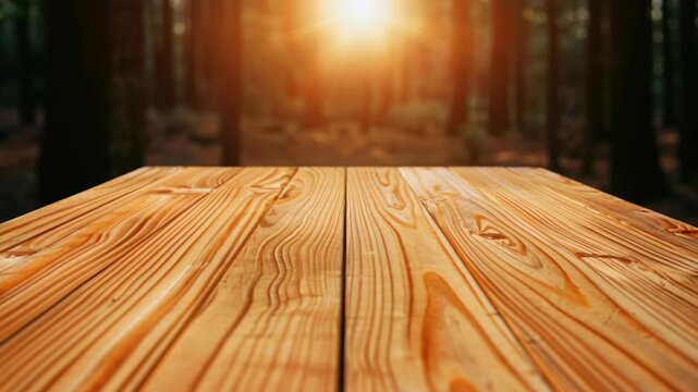 Wooden Table in Sunlight: a close-up shot of a wooden table under the sunlight and blurred forest background