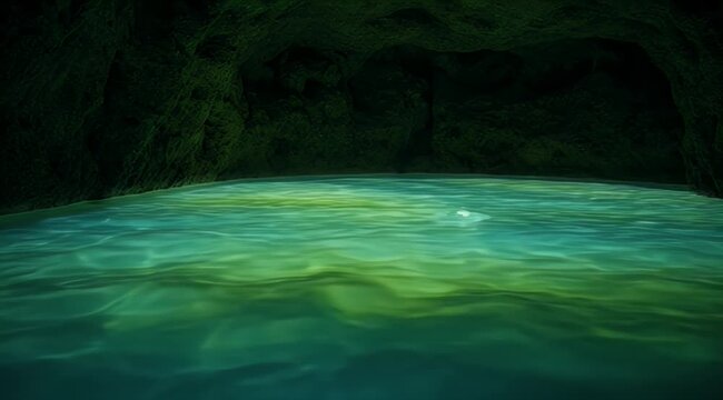 Ethereal green-hued water reflects in a dark, textured cave